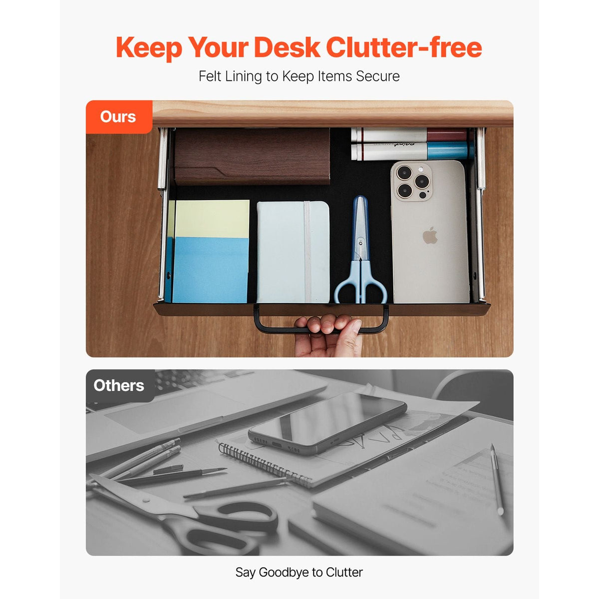13" Wide Under Desk Drawer Slide Out, Under Desk Mounted Pull-out Drawer Attachment, Hidden Desktop Storage Organizer, Under Table Pencil Drawer for office Home Sit Stand Workstation, 15x9x3 in