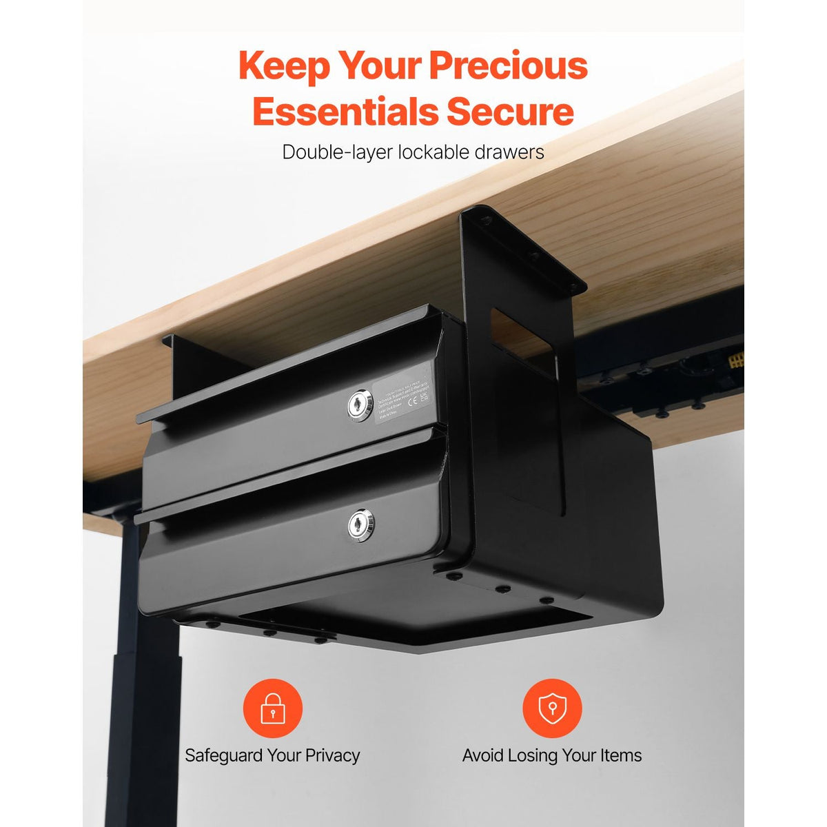13" Wide Under Desk Drawer Slide Out, Under Table Pull-out Drawer Attachment, Hidden Desktop 2 Layer Storage Organizer, Lockable Undermount Pencil Drawer for Sit Stand Workstation, 14x13x10 in