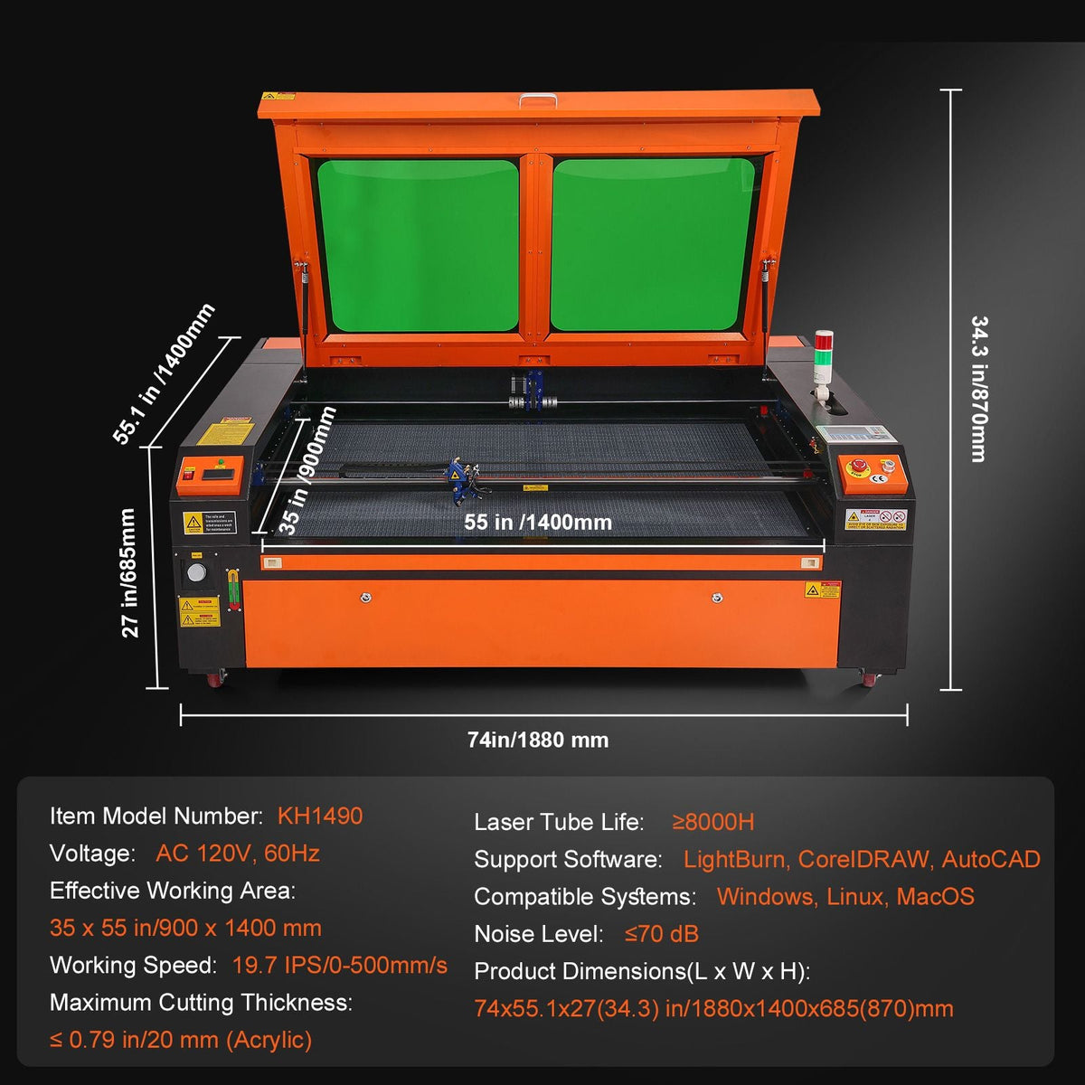 130W CO2 Laser Engraver, 35 x 55 in, 19.7 IPS Laser Cutter Machine with 2-Way Pass Air Assist, Compatible with LightBurn, CorelDRAW, AutoCAD, Windows, Mac OS, Linux, for Wood Acrylic Fabric More
