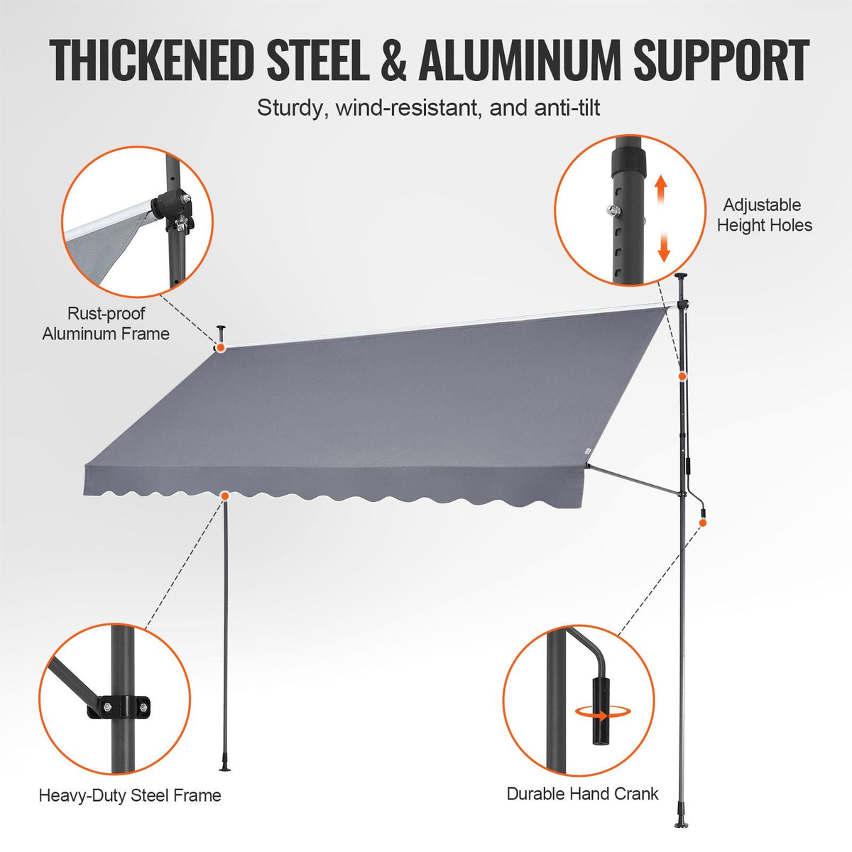138 x 47" Patio Awning Retractable, Awning Sunshade Shelter with Manual Crank Handle, Outdoor Patio Canopy Sunsetter Deck, Adjustable Height from 86 to 122 in, for Patio/Balcony/Yard, Dark Gray