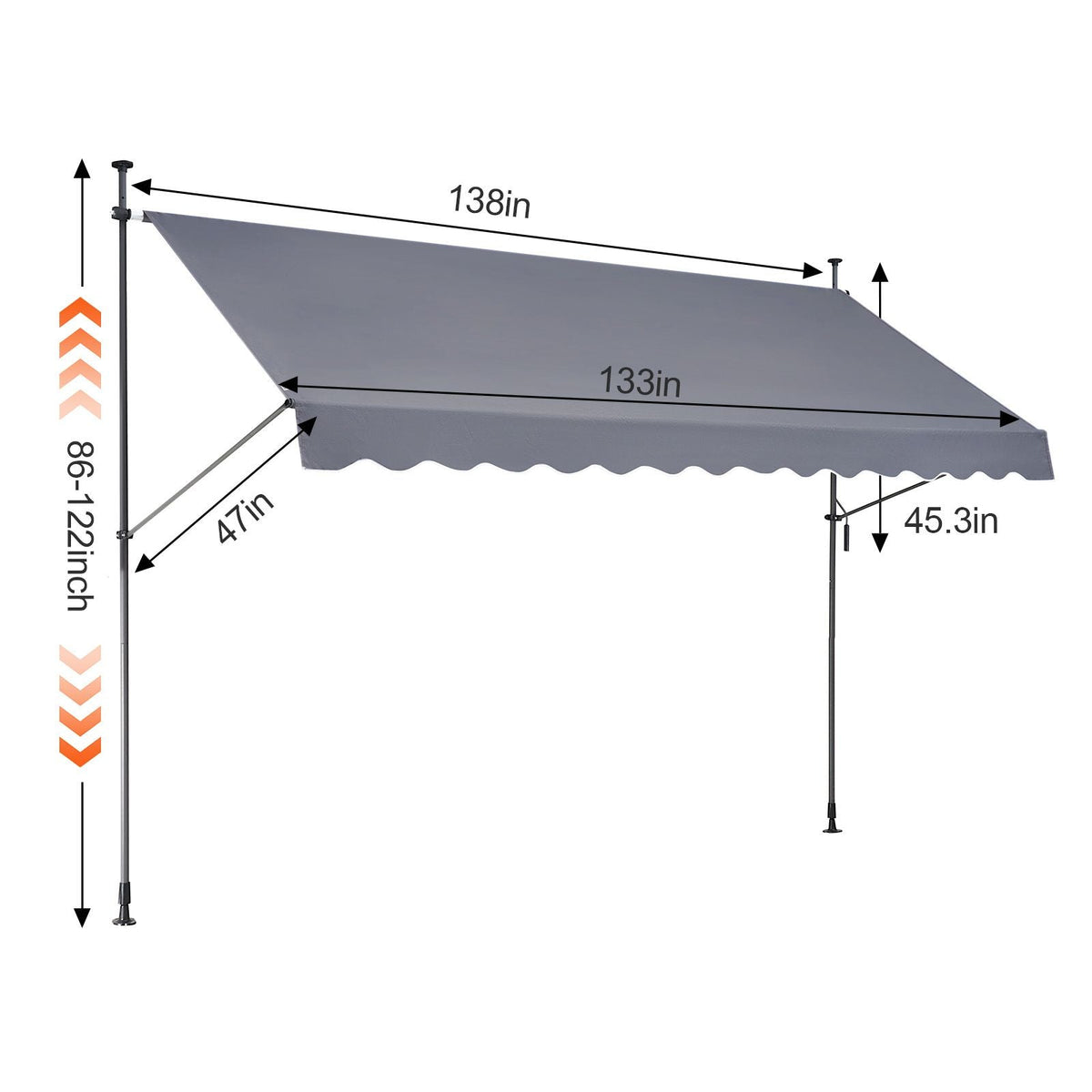 138 x 47" Patio Awning Retractable, Awning Sunshade Shelter with Manual Crank Handle, Outdoor Patio Canopy Sunsetter Deck, Adjustable Height from 86 to 122 in, for Patio/Balcony/Yard, Dark Gray