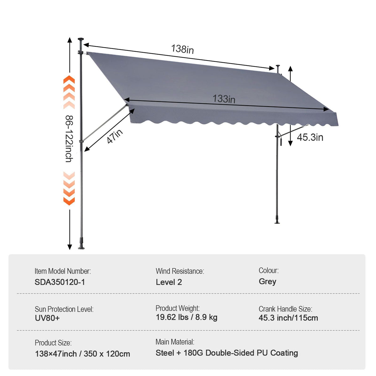 138 x 47" Patio Awning Retractable, Awning Sunshade Shelter with Manual Crank Handle, Outdoor Patio Canopy Sunsetter Deck, Adjustable Height from 86 to 122 in, for Patio/Balcony/Yard, Dark Gray