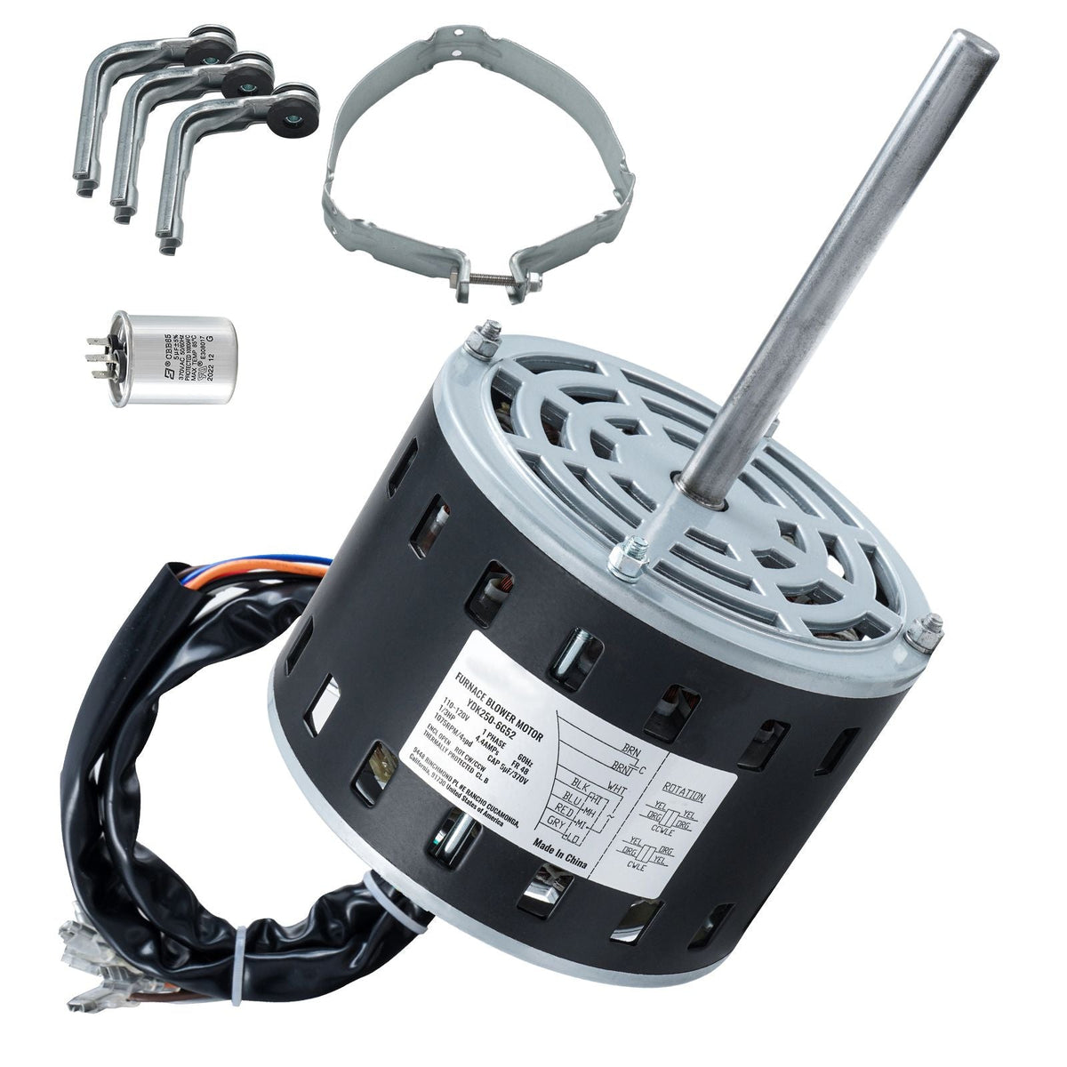 1/3HP Furnace Blower Motor, 110/120V 4.4Amps, 1075RPM 4 Speeds, CW/CCW Rotation, 48 Frame 5.2" Shaft Length, 5μF/370V Capacitor + 11" Hold Hoop