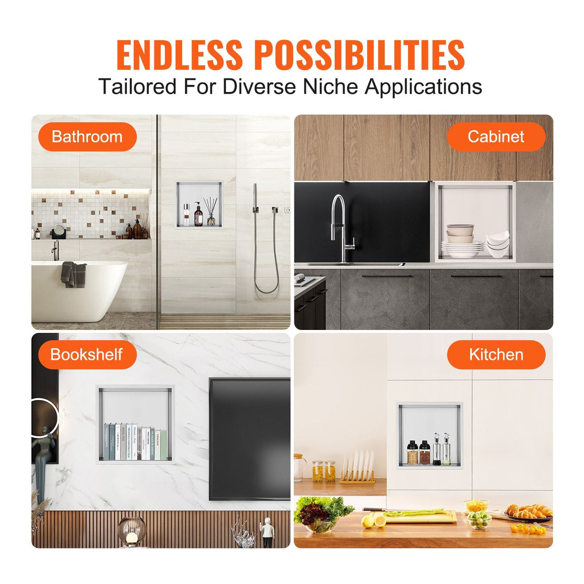 13"x13" No Tile Shower Niche 304 Stainless Steel, Wall-Inserted Niche Recessed Double Shelves, Sealed Waterproof Rust-Resistant Modern Niche for Shower Bathroom Soap Storage, Silver
