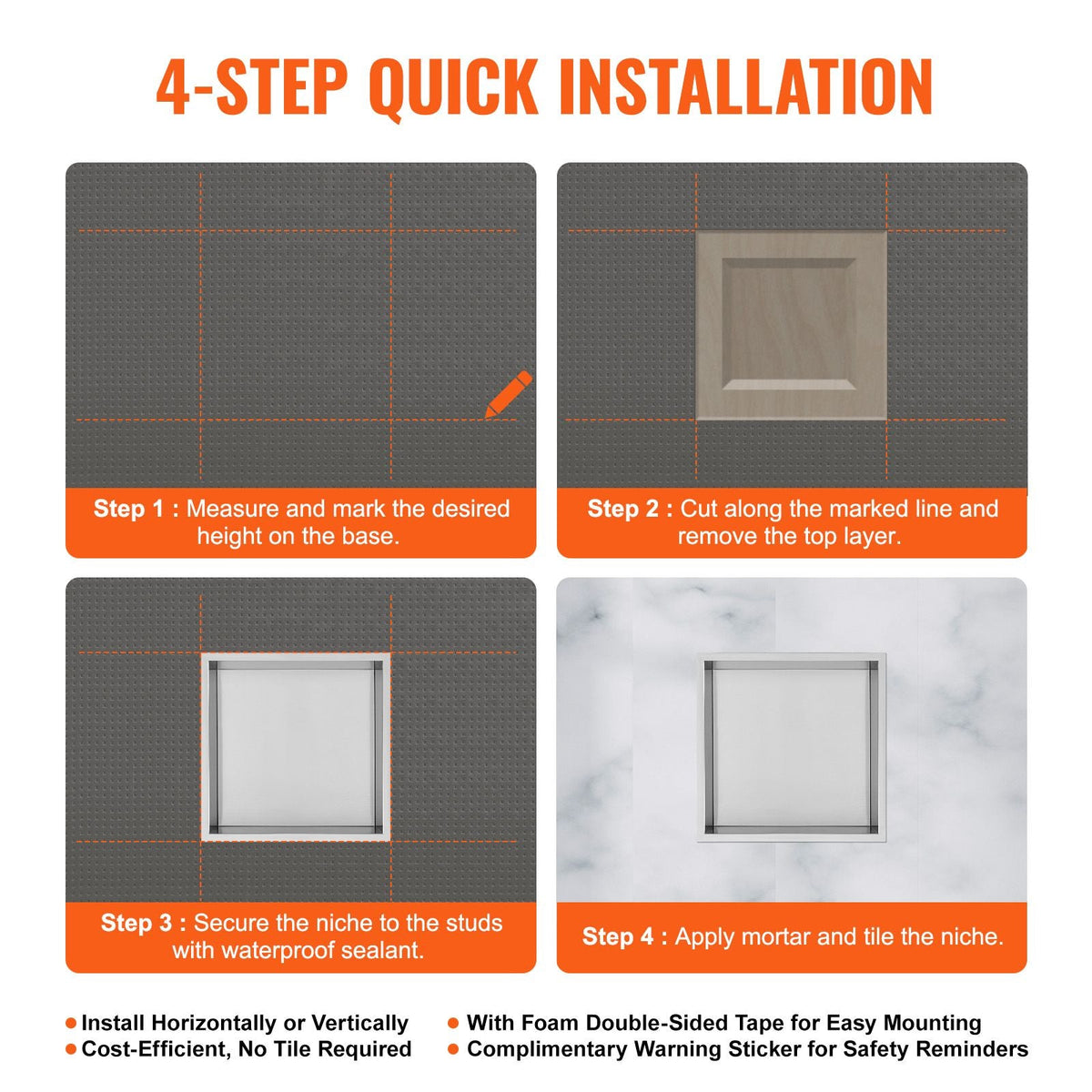 13"x13" No Tile Shower Niche 304 Stainless Steel, Wall-Inserted Niche Recessed Double Shelves, Sealed Waterproof Rust-Resistant Modern Niche for Shower Bathroom Soap Storage, Silver