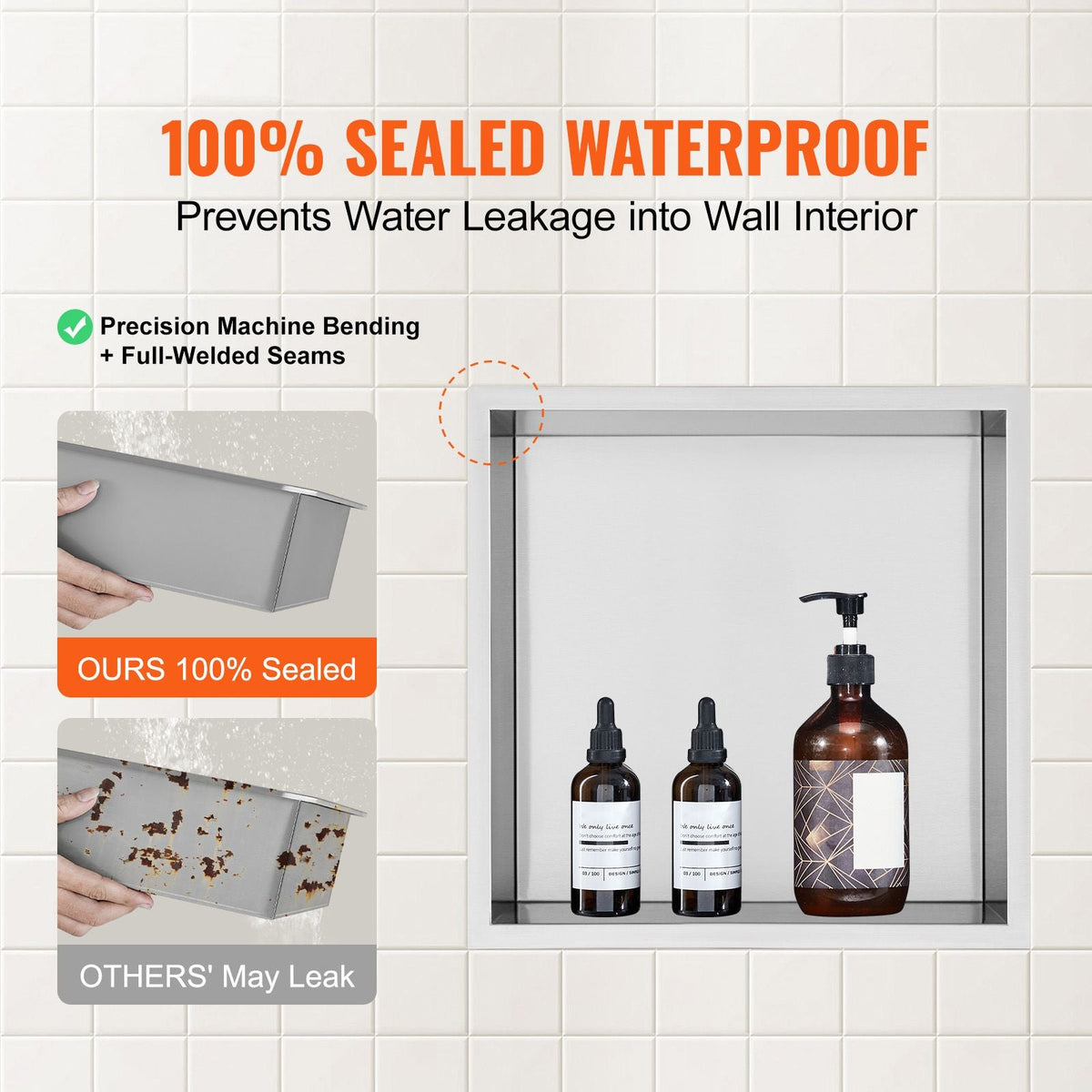 13"x13" No Tile Shower Niche 304 Stainless Steel, Wall-Inserted Niche Recessed Double Shelves, Sealed Waterproof Rust-Resistant Modern Niche for Shower Bathroom Soap Storage, Silver