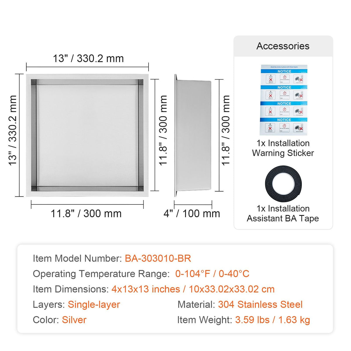 13"x13" No Tile Shower Niche 304 Stainless Steel, Wall-Inserted Niche Recessed Double Shelves, Sealed Waterproof Rust-Resistant Modern Niche for Shower Bathroom Soap Storage, Silver