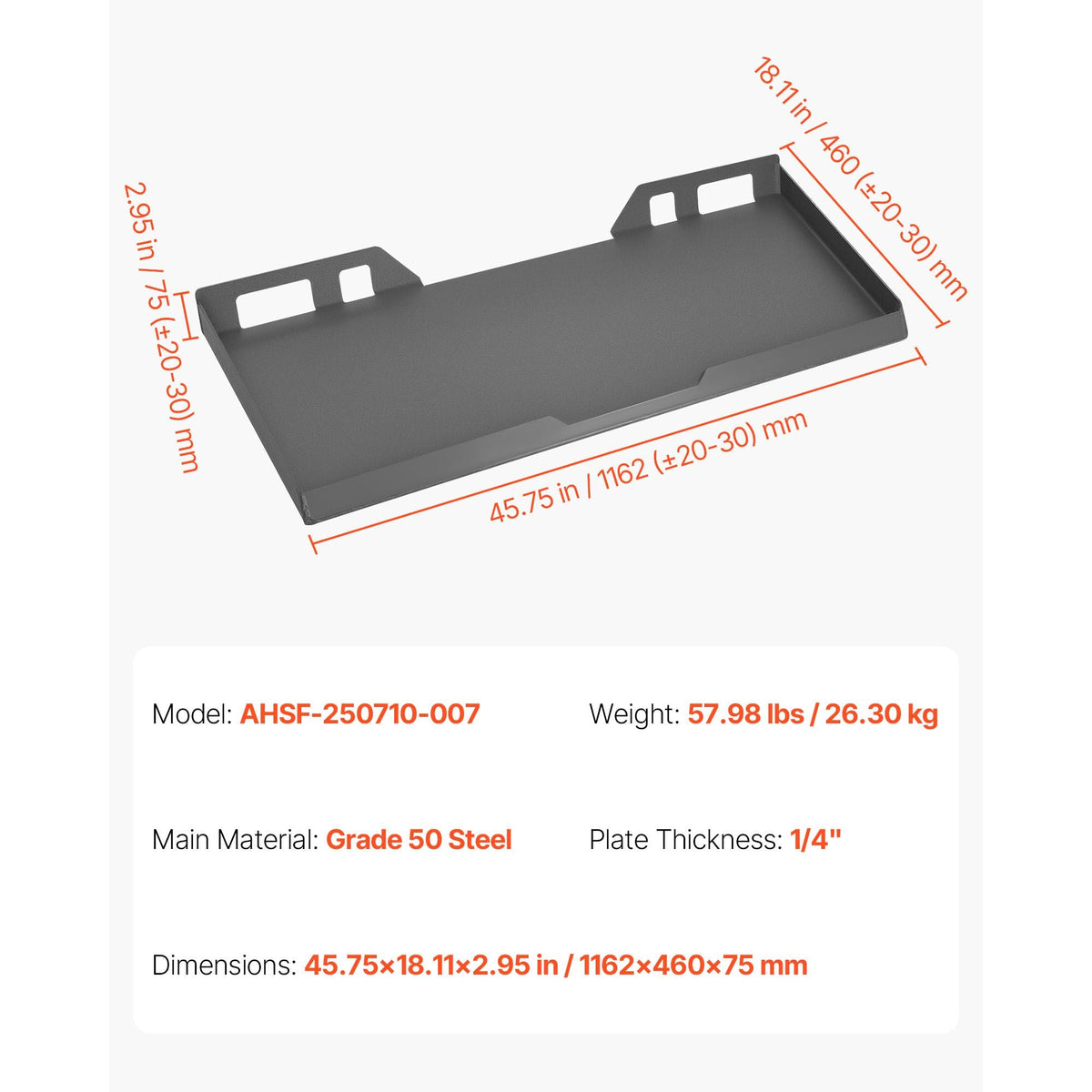 1/4 in Skid Steer Mount Plate, Universal Quick Attach Mount Plate, Easy to Bolt, 3000lbs Load Capacity, Heavy Duty Steel Loader Plates Compatible with Kubota Bobcat Skid Steers & Tractors