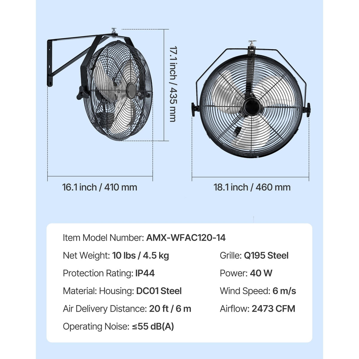 14 Inch Industrial Wall Mount Fan, High Velocity 2473 CFM Outdoor Fan with 3 Speeds, Waterproof IP44 Garage Wall Fan with Aluminum Blades for Workshop, Warehouse, Greenhouse