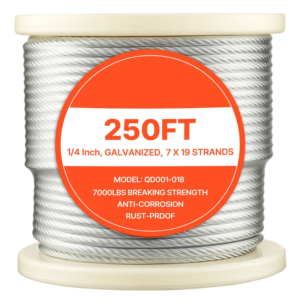 1/4 Inch Wire Rope, 250 ft Length, Zinc Galvanized Carbon Steel Cable with Gloves, 7000 lbs Breaking Strength, 7 x 19 Strands Construction, Wire Cable for Deck Railing System, Garden Trellis