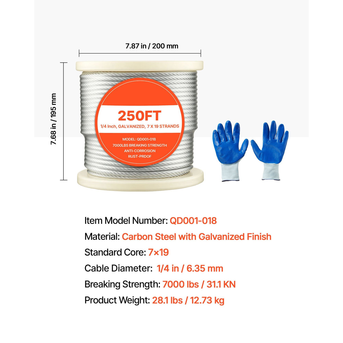 1/4 Inch Wire Rope, 250 ft Length, Zinc Galvanized Carbon Steel Cable with Gloves, 7000 lbs Breaking Strength, 7 x 19 Strands Construction, Wire Cable for Deck Railing System, Garden Trellis