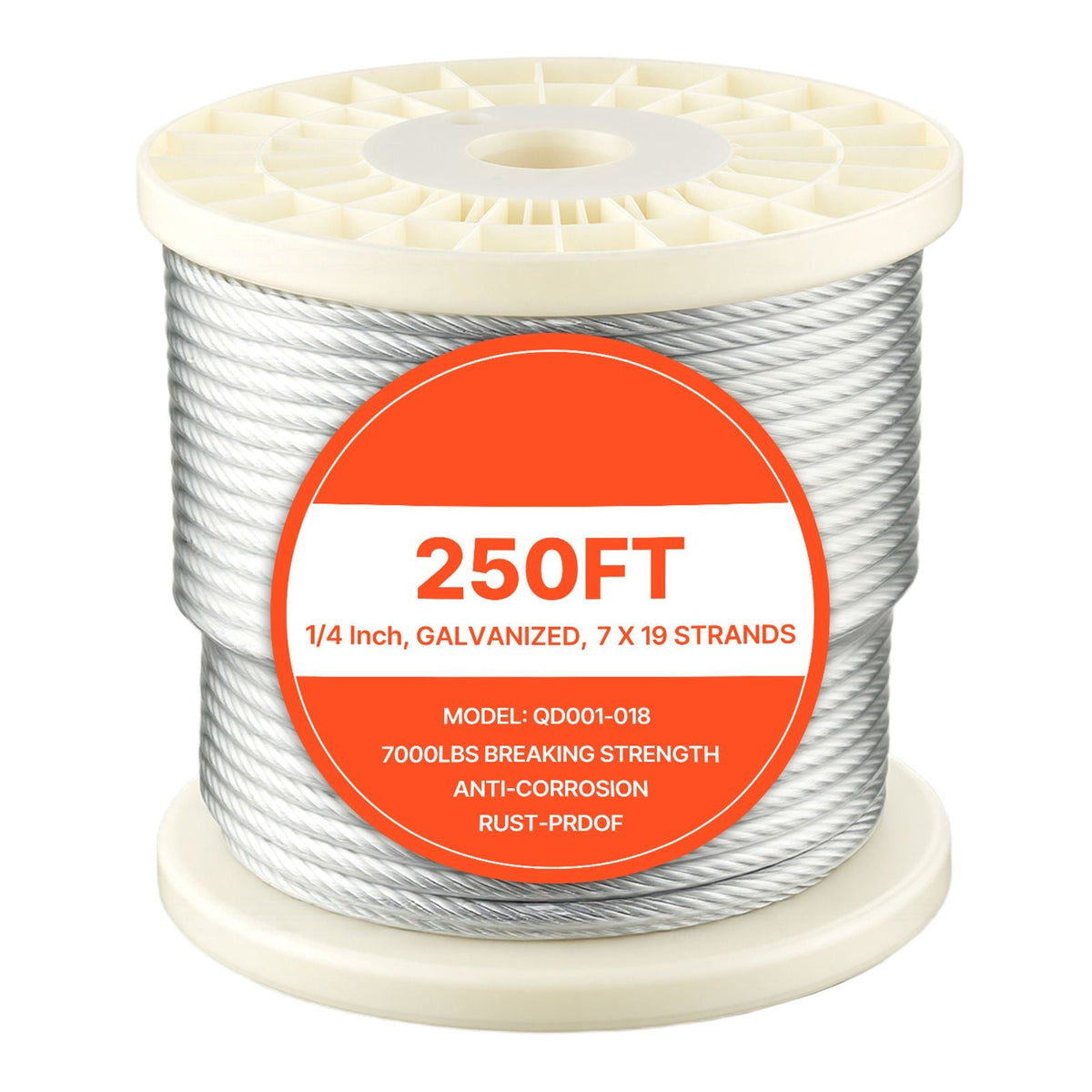 1/4 Inch Wire Rope, 250 ft Length, Zinc Galvanized Carbon Steel Cable with Gloves, 7000 lbs Breaking Strength, 7 x 19 Strands Construction, Wire Cable for Deck Railing System, Garden Trellis