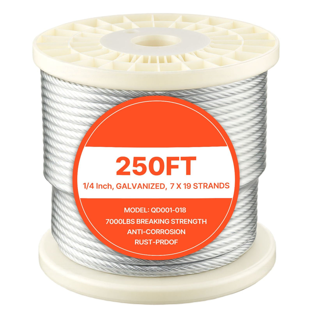 1/4 Inch Wire Rope, 250 ft Length, Zinc Galvanized Carbon Steel Cable with Gloves, 7000 lbs Breaking Strength, 7 x 19 Strands Construction, Wire Cable for Deck Railing System, Garden Trellis