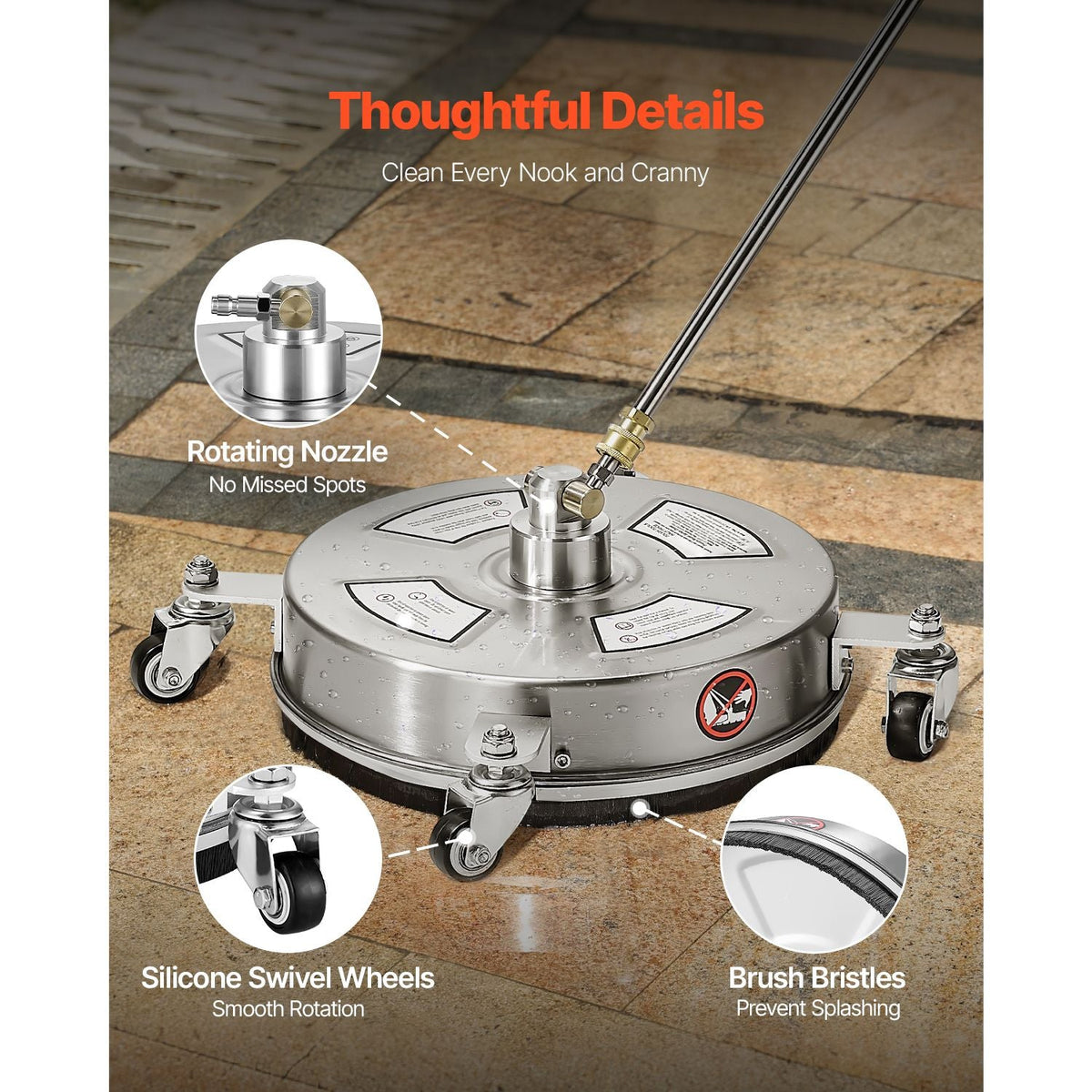 14" Pressure Washer Surface Cleaner, Stainless Steel Pressure Washer Attachments with 4 Wheels, 4000 Max PSI, 1/4 Quick Connector, 2 Spray Nozzles, 2 Extended Wands for Concrete, Patio, Deck