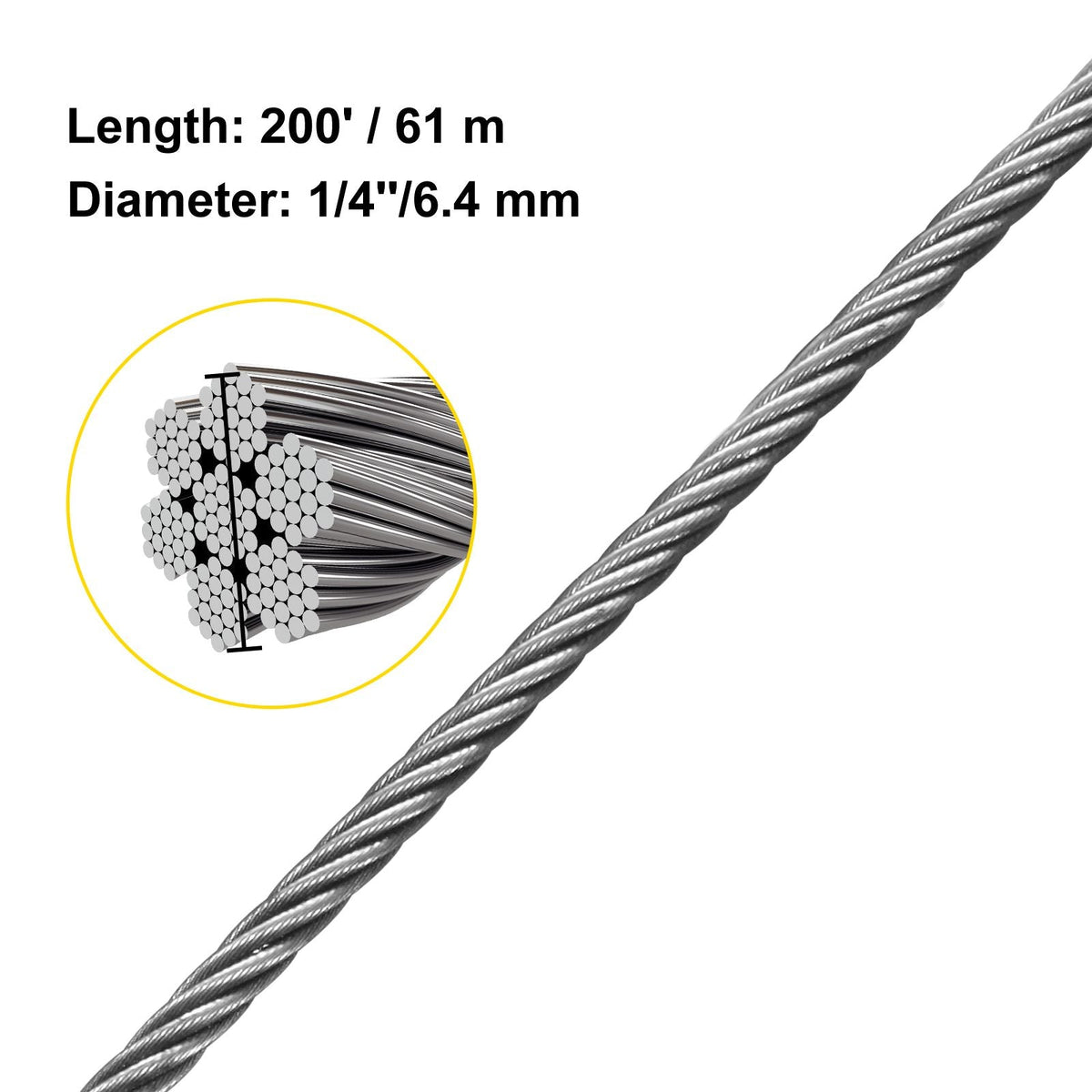 1/4" Stainless Steel Cable 200FT, T304 7x19 Tighter Core Cable Railing System Wire Rope Aircraft Deck Railing Kit Fence Wire