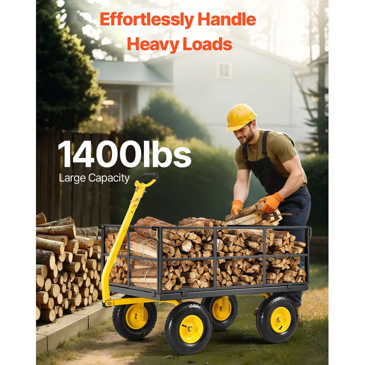 1400 Lbs Steel Garden Cart, Heavy Duty Pullable Garden Wagon Yard Cart, 2 in 1 Outdoor Metal Utility Wagon Yard Trailer with 13" All Terrain Tires, Mesh Removable Sides and 180°Rotating Handle
