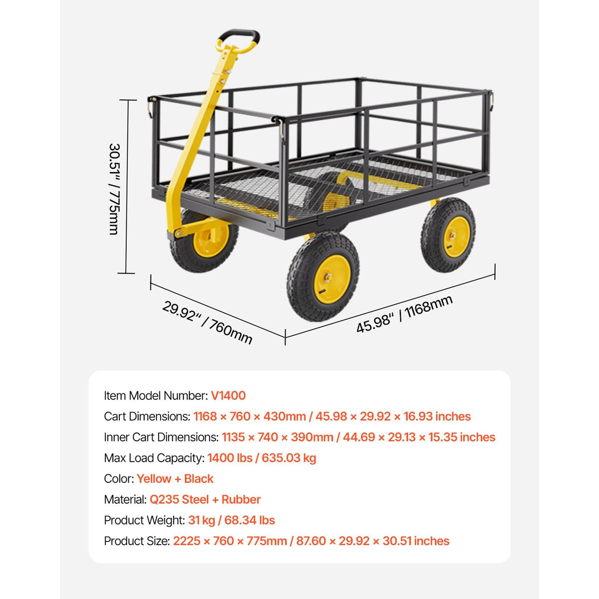 1400 Lbs Steel Garden Cart, Heavy Duty Pullable Garden Wagon Yard Cart, 2 in 1 Outdoor Metal Utility Wagon Yard Trailer with 13" All Terrain Tires, Mesh Removable Sides and 180°Rotating Handle