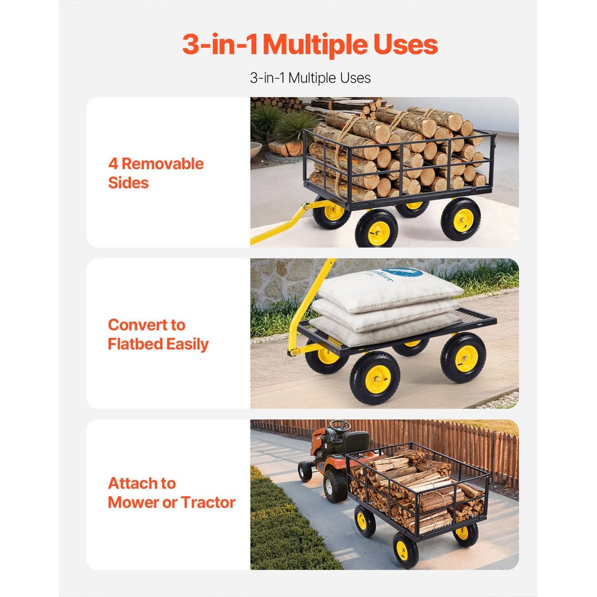 1400 Lbs Steel Garden Cart, Heavy Duty Pullable Garden Wagon Yard Cart, 2 in 1 Outdoor Metal Utility Wagon Yard Trailer with 13" All Terrain Tires, Mesh Removable Sides and 180°Rotating Handle