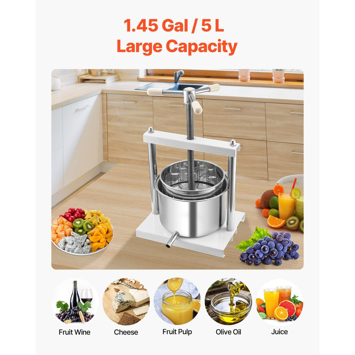 1.45 Gal/5L Fruit Wine Press, 2 Stainless Steel Barrels, Manual Juice Maker, Cider Apple Grape Tincture Honey Olive Oil Making Press with Triangular Handle for Outdoor Kitchen Home