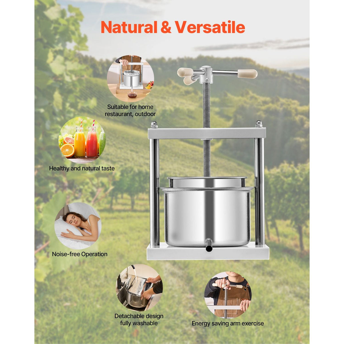 1.45 Gal/5L Fruit Wine Press, 2 Stainless Steel Barrels, Manual Juice Maker, Cider Apple Grape Tincture Honey Olive Oil Making Press with Triangular Handle for Outdoor Kitchen Home