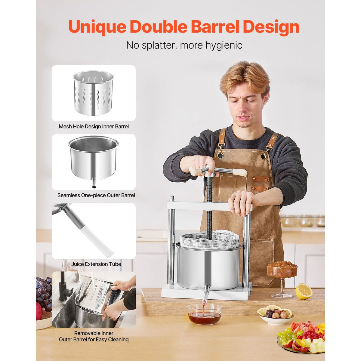 1.45 Gal/5L Fruit Wine Press, 2 Stainless Steel Barrels, Manual Juice Maker, Cider Apple Grape Tincture Honey Olive Oil Making Press with Triangular Handle for Outdoor Kitchen Home