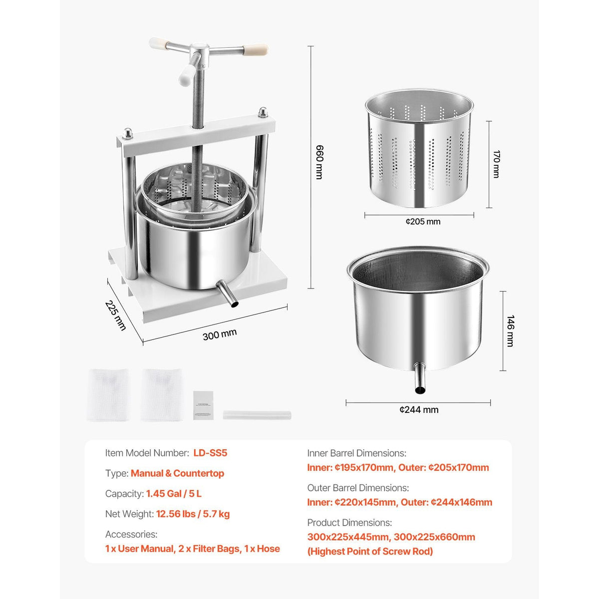 1.45 Gal/5L Fruit Wine Press, 2 Stainless Steel Barrels, Manual Juice Maker, Cider Apple Grape Tincture Honey Olive Oil Making Press with Triangular Handle for Outdoor Kitchen Home