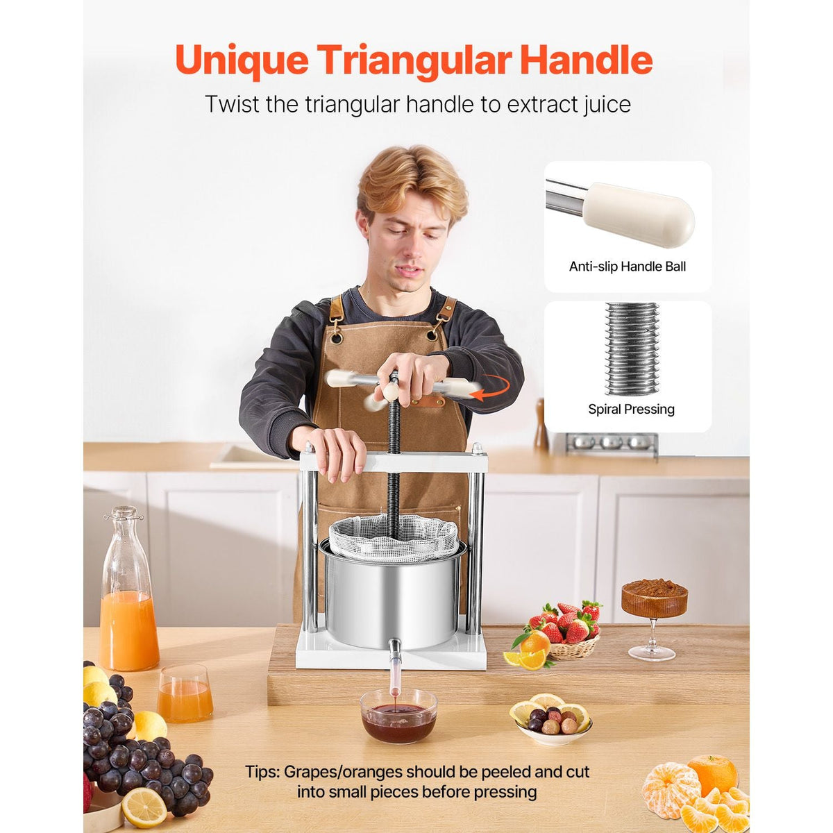 1.45 Gal/5L Fruit Wine Press, 2 Stainless Steel Barrels, Manual Juice Maker, Cider Apple Grape Tincture Honey Olive Oil Making Press with Triangular Handle for Outdoor Kitchen Home