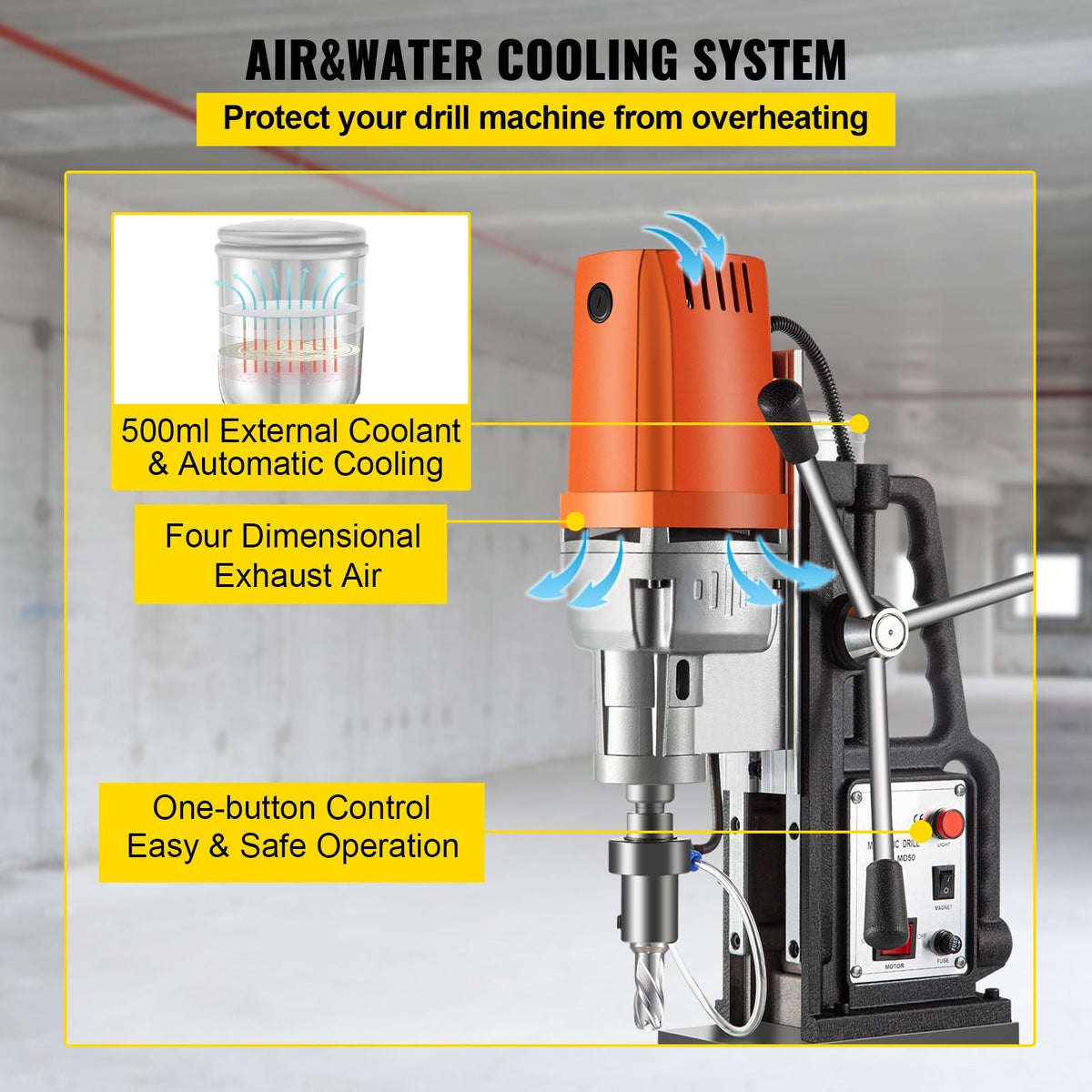 1450W Magnetic Drill Press with 2 Inch Boring Diameter Annular Cutter Machine 2900 LBS 6pcs HSS Annular Cutter Bits,850 RPM Drilling Machine for any Surface Home Improvement Industry Railway