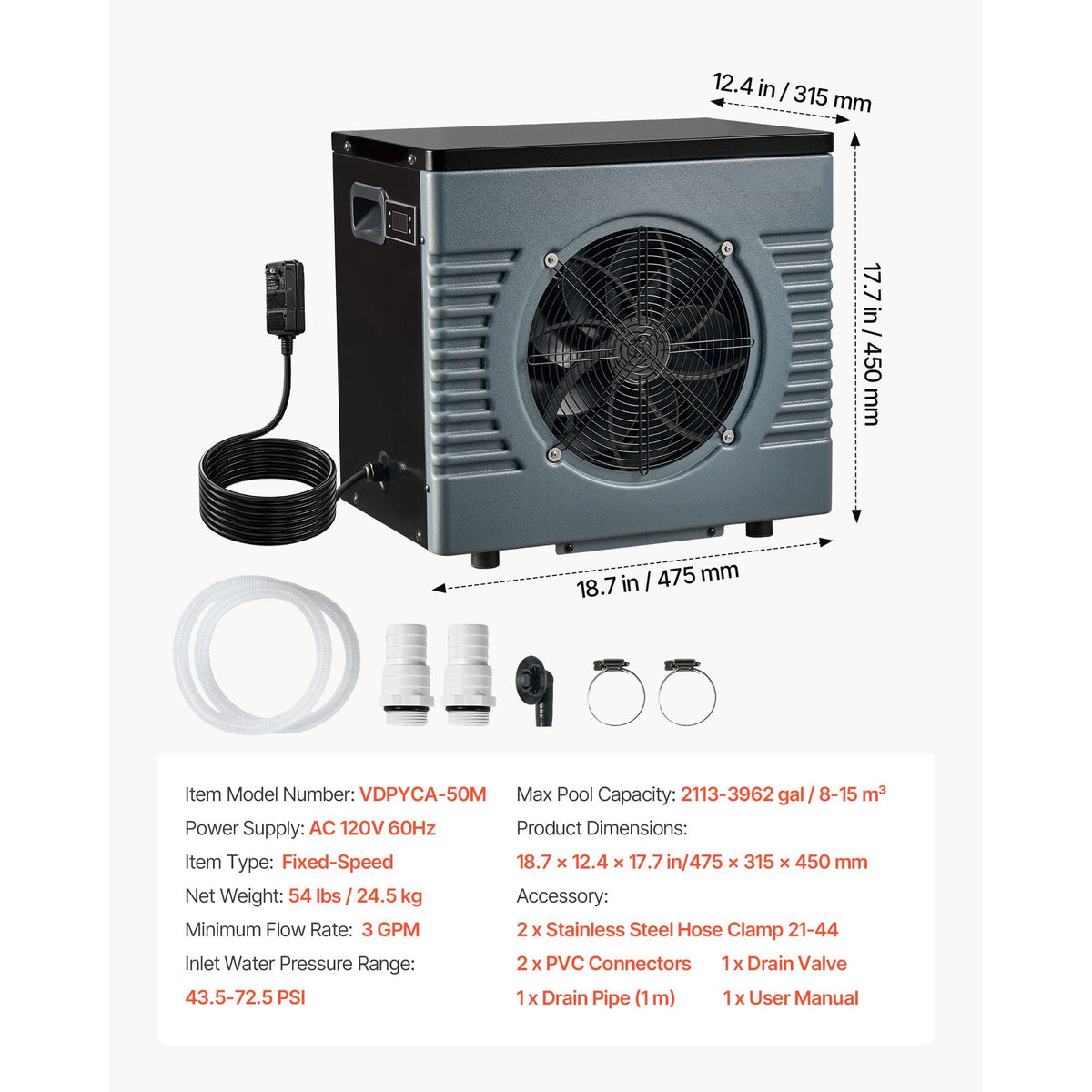 14710 BTU Pool Heat Pump, Electric Pool Heater for Above Ground Up to 3962 Gallons, Max COP 5.13, Heating & Cooling Dual Mode, Low Noise Smart Inverter Compressor, GFCI Protection for Swimming