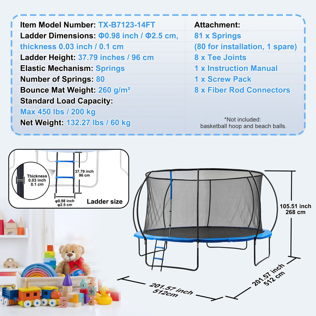 14FT Trampoline, 450 lbs Trampoline with Enclosure Net, Ladder, and Curved Pole, Heavy Duty Trampoline with Jumping Mat and Spring Cover Padding, Outdoor Recreational Trampolines for Kids Adults