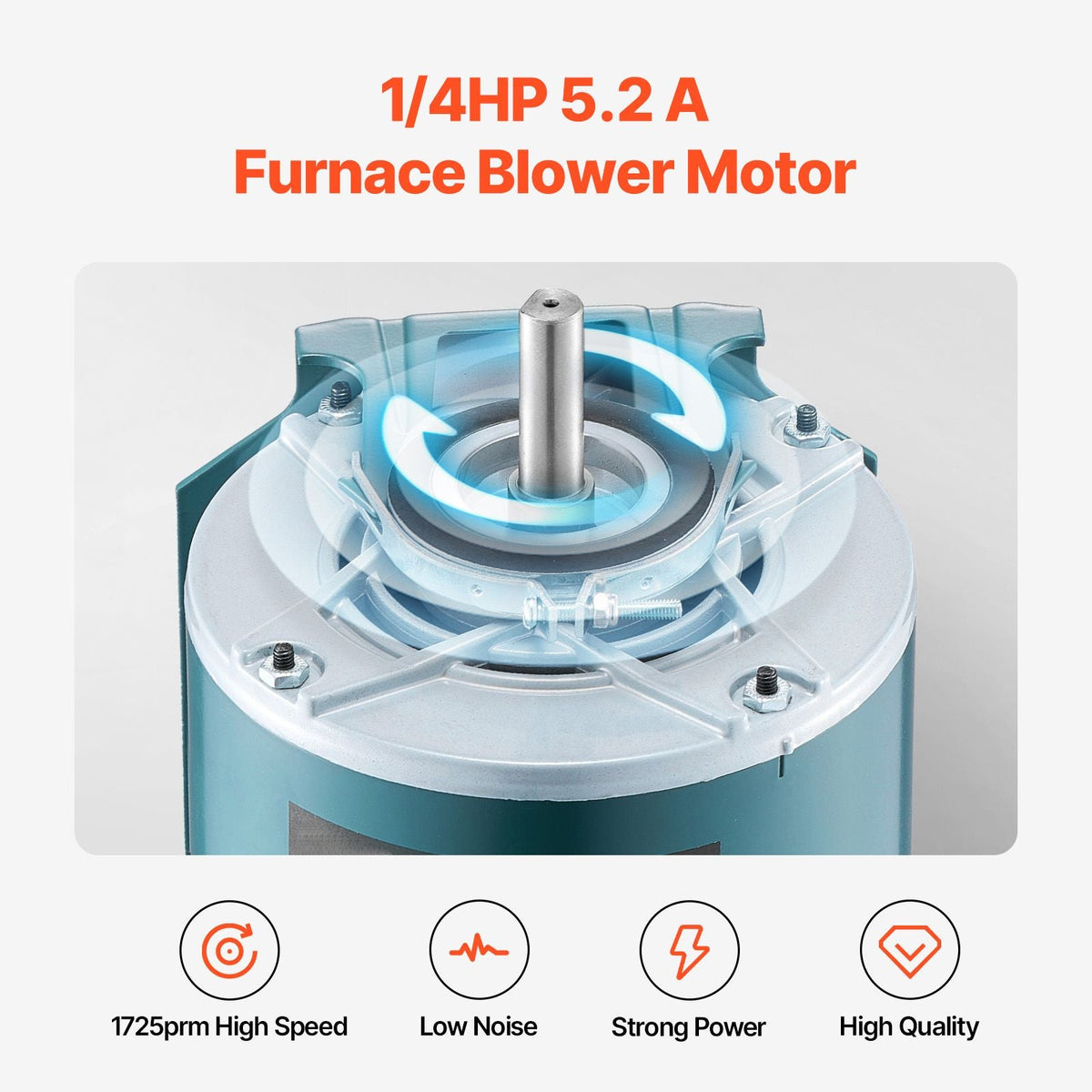 1/4HP Furnace Blower Motor 1725RPM, 115V 5.2A Belt Drive Blower Motor Single Phase - 0.39" Shaft Diameter, 0.78" Shaft Length, CW/CCW Rotation