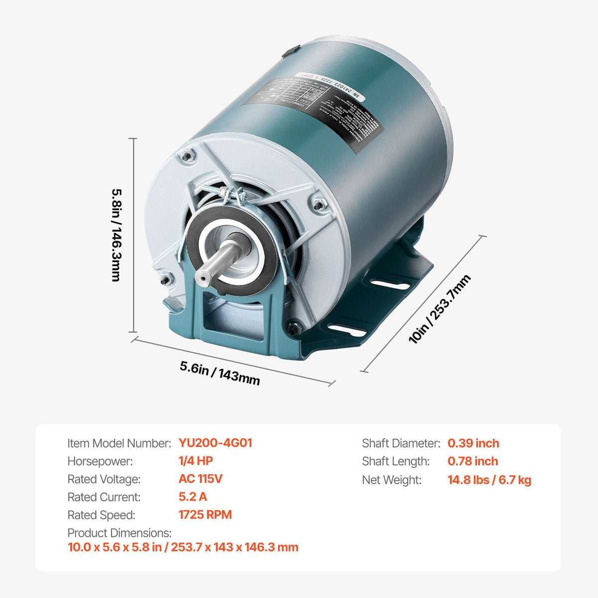 1/4HP Furnace Blower Motor 1725RPM, 115V 5.2A Belt Drive Blower Motor Single Phase - 0.39" Shaft Diameter, 0.78" Shaft Length, CW/CCW Rotation