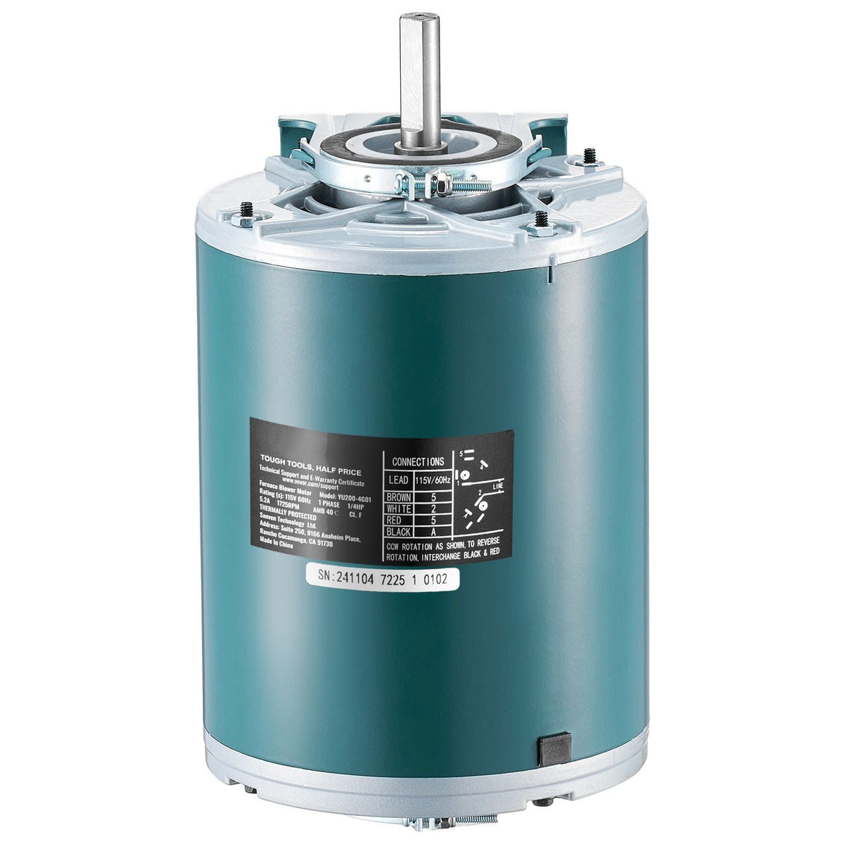 1/4HP Furnace Blower Motor 1725RPM, 115V 5.2A Belt Drive Blower Motor Single Phase - 0.39" Shaft Diameter, 0.78" Shaft Length, CW/CCW Rotation