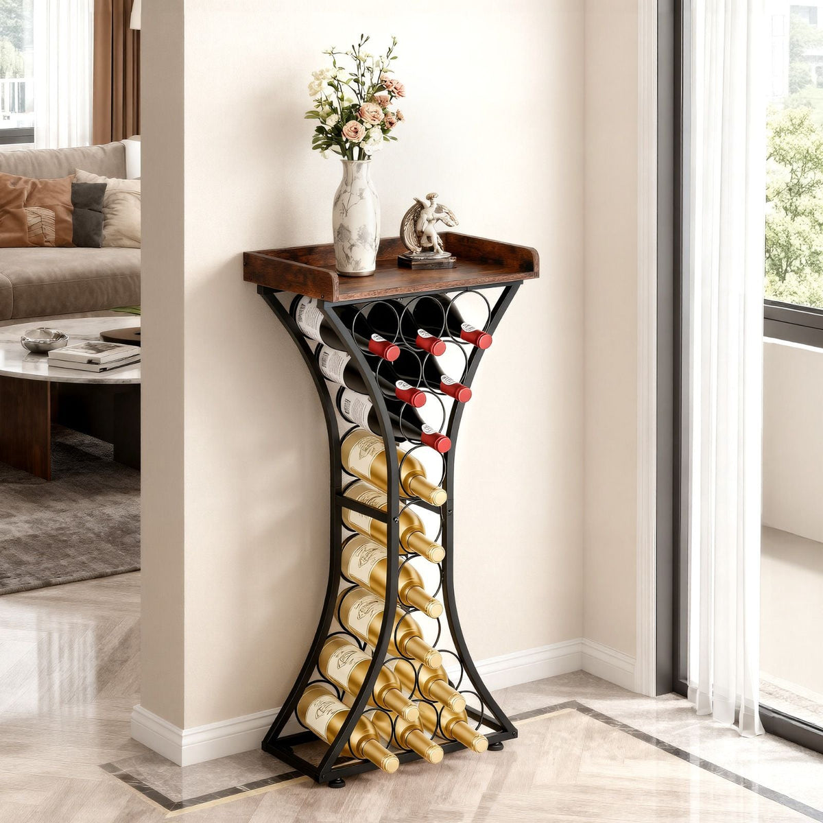 15 Bottle Wine Rack, Freestanding Floor Wine Holder Stand Liquor Cabinet with Wood Tabletop, Easy Assembly Floor Storage Rack, For Home Bar Kitchen Living Room Dining Room, Black