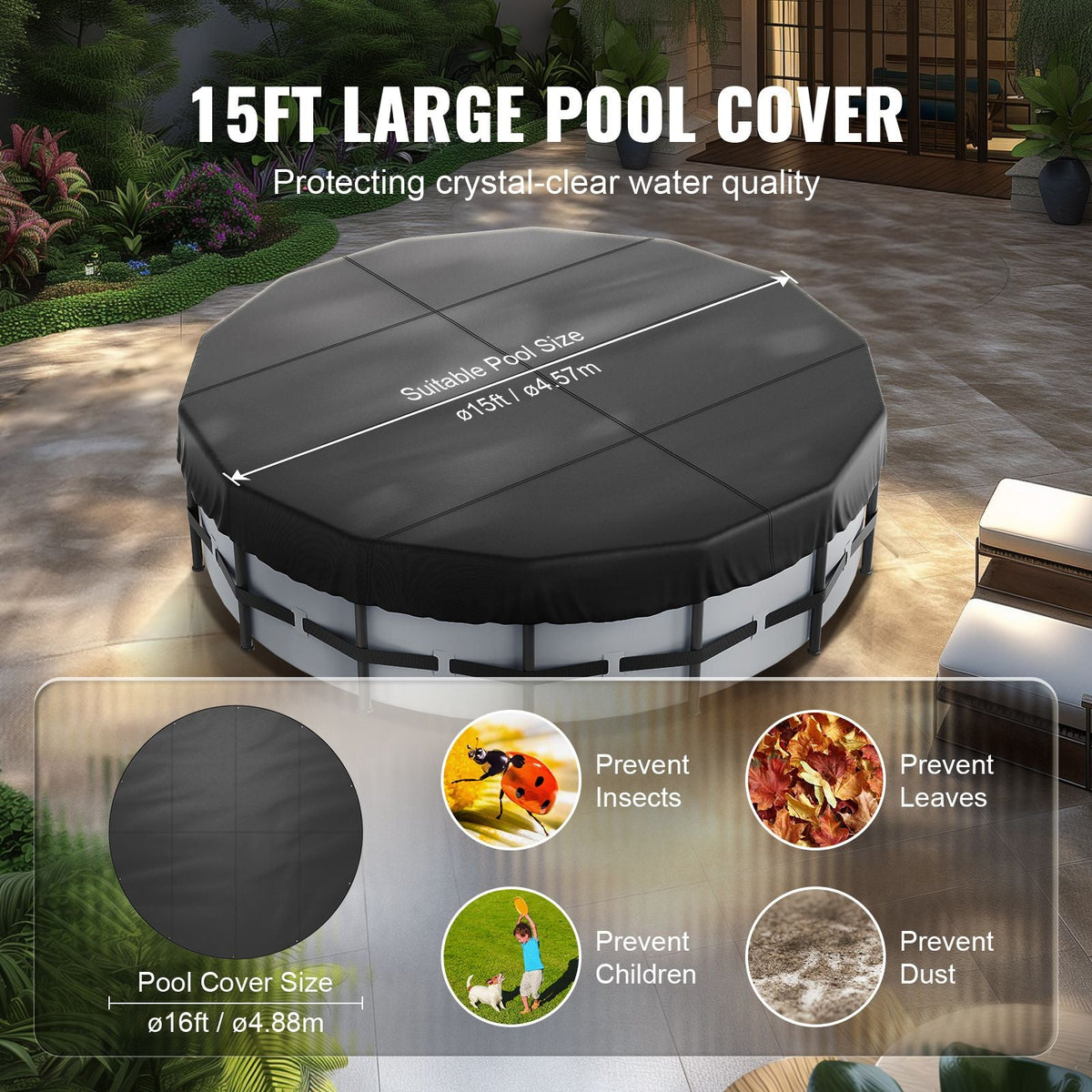15 Ft Round Pool Cover, Solar Covers for Above Ground Pools, Safety Pool Cover with Drawstring Design, 420D Oxford Fabric Winter Pool Cover, Waterproof and Dustproof, Black