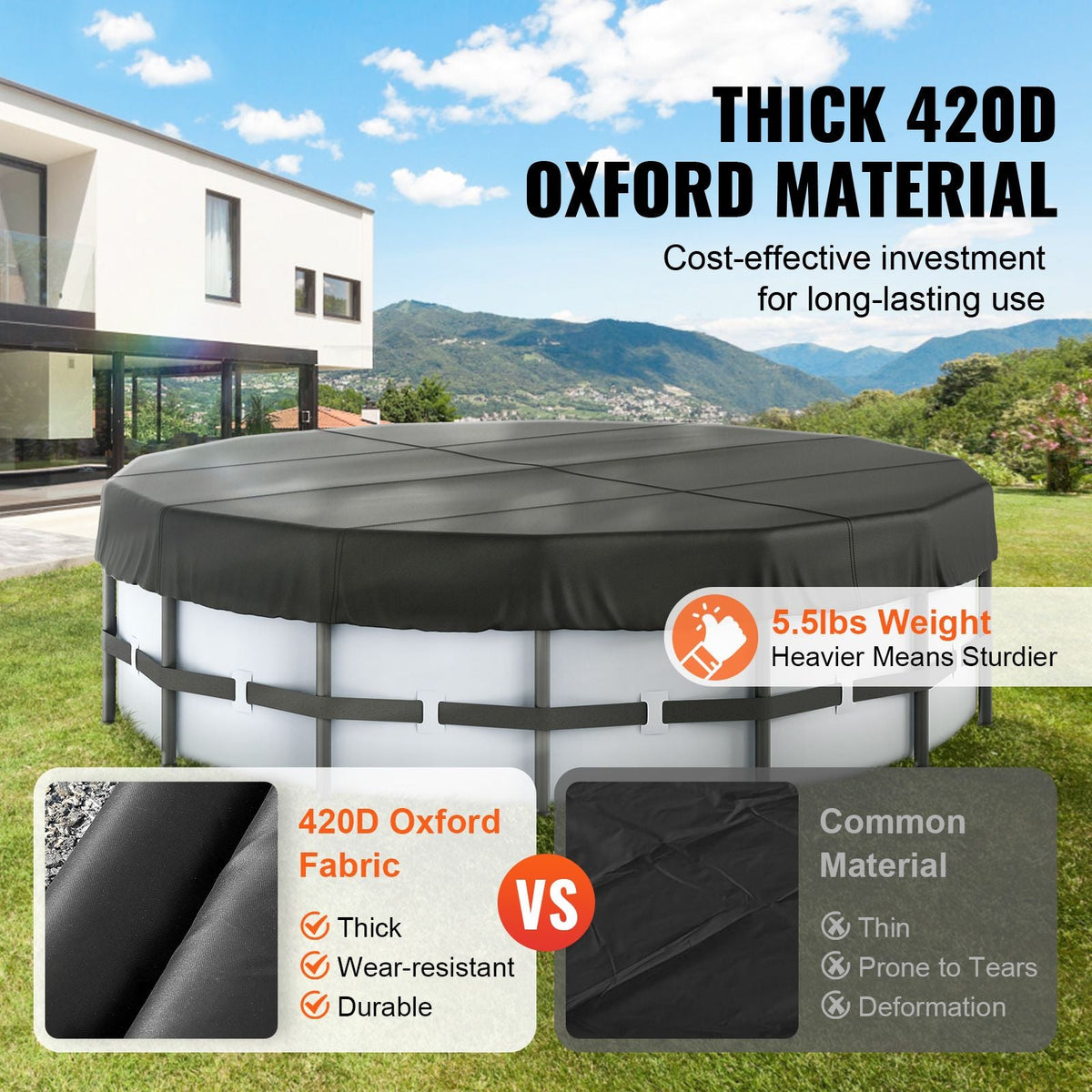 15 Ft Round Pool Cover, Solar Covers for Above Ground Pools, Safety Pool Cover with Drawstring Design, 420D Oxford Fabric Winter Pool Cover, Waterproof and Dustproof, Black