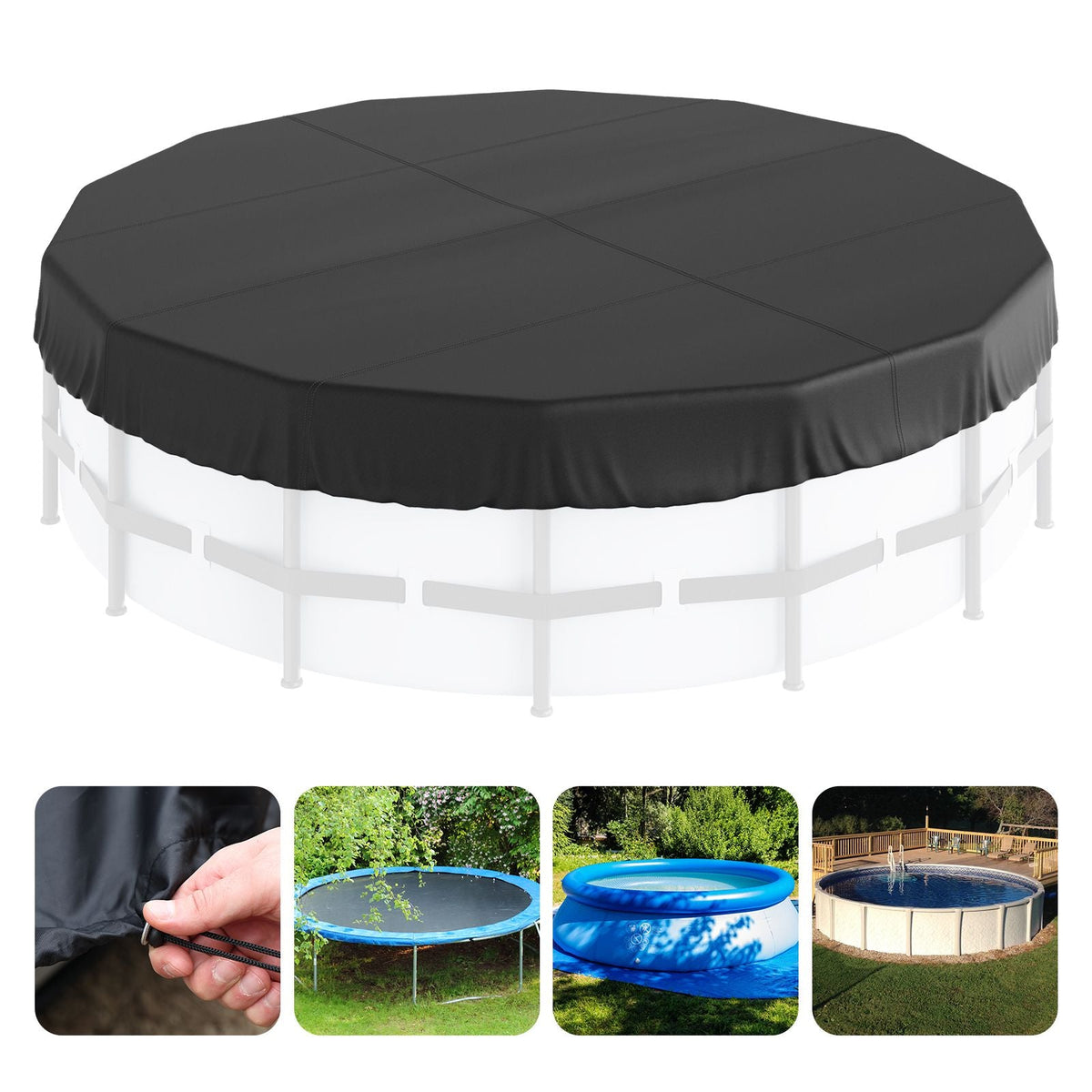 15 Ft Round Pool Cover, Solar Covers for Above Ground Pools, Safety Pool Cover with Drawstring Design, 420D Oxford Fabric Winter Pool Cover, Waterproof and Dustproof, Black