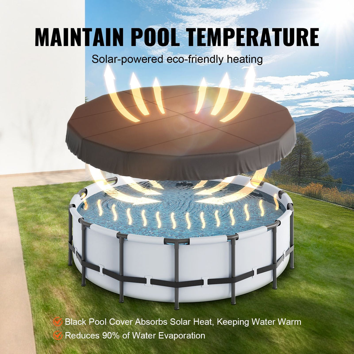 15 Ft Round Pool Cover, Solar Covers for Above Ground Pools, Safety Pool Cover with Drawstring Design, 420D Oxford Fabric Winter Pool Cover, Waterproof and Dustproof, Black