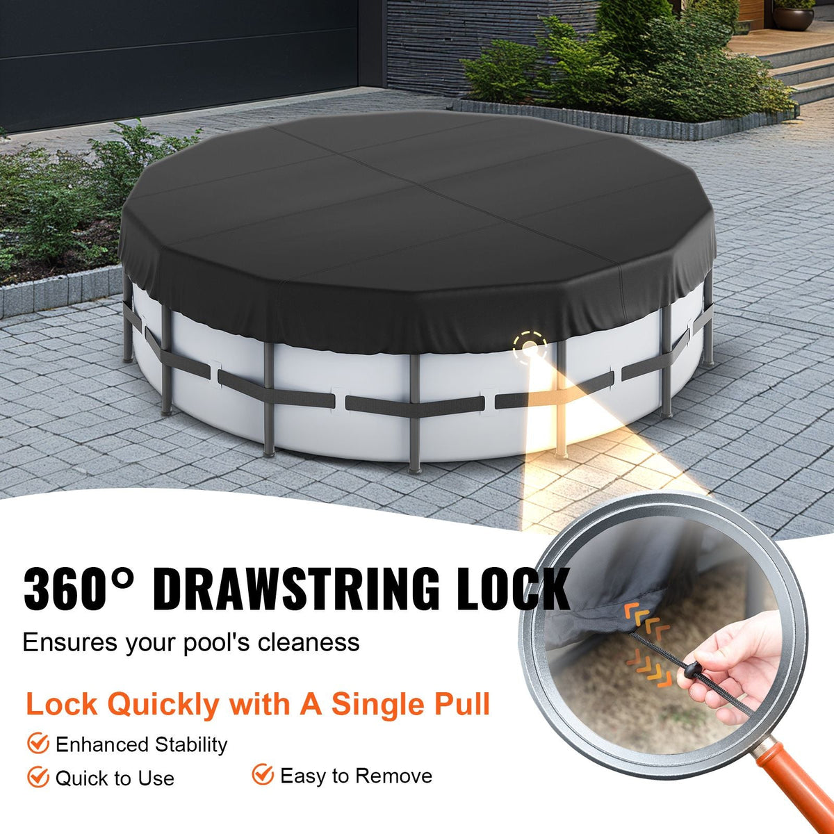 15 Ft Round Pool Cover, Solar Covers for Above Ground Pools, Safety Pool Cover with Drawstring Design, 420D Oxford Fabric Winter Pool Cover, Waterproof and Dustproof, Black