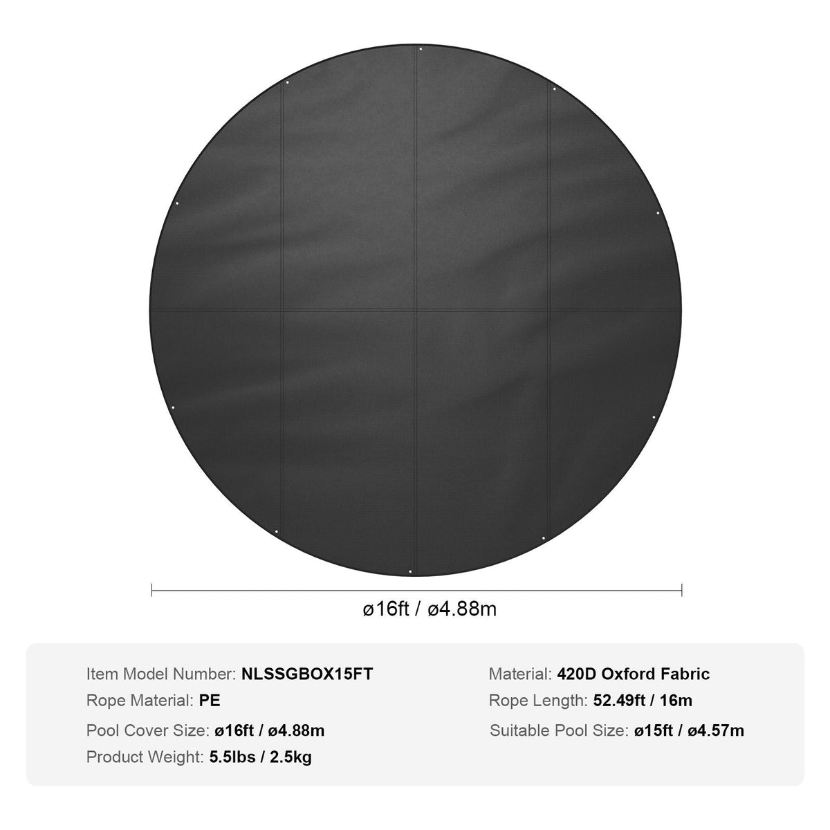 15 Ft Round Pool Cover, Solar Covers for Above Ground Pools, Safety Pool Cover with Drawstring Design, 420D Oxford Fabric Winter Pool Cover, Waterproof and Dustproof, Black