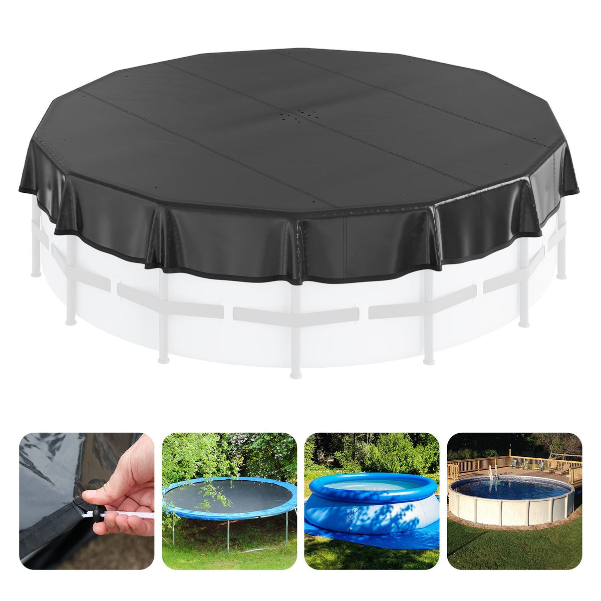 15 Ft Round Pool Cover, Solar Covers for Above Ground Pools, Safety Pool Cover with Drawstring Design, PVC Winter Pool Cover, Waterproof and Dustproof, Black