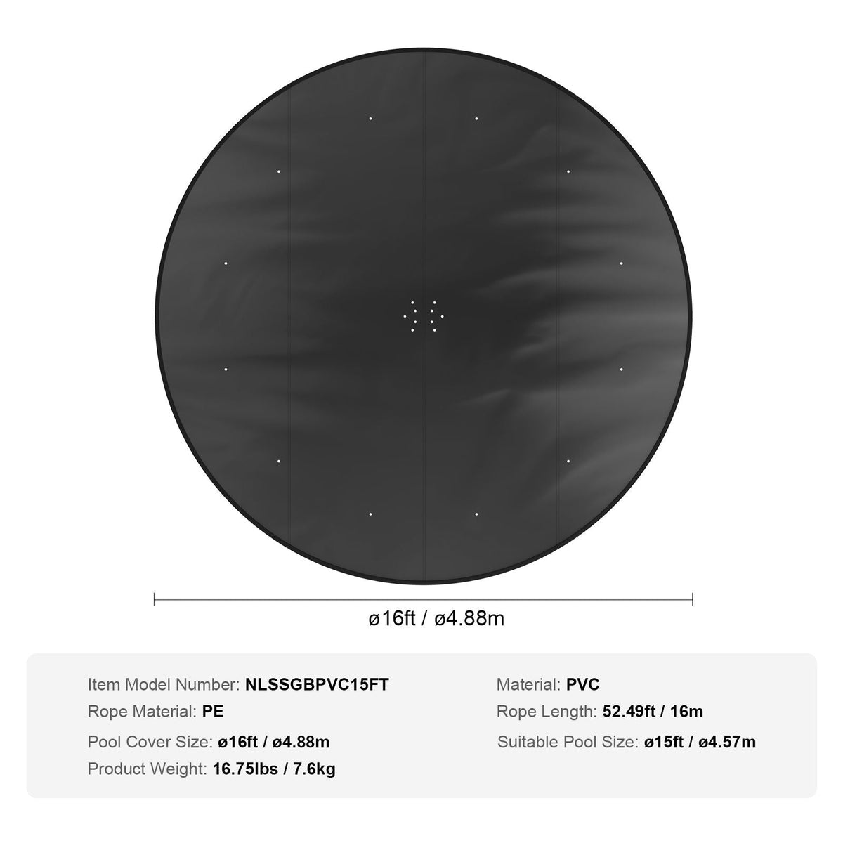 15 Ft Round Pool Cover, Solar Covers for Above Ground Pools, Safety Pool Cover with Drawstring Design, PVC Winter Pool Cover, Waterproof and Dustproof, Black