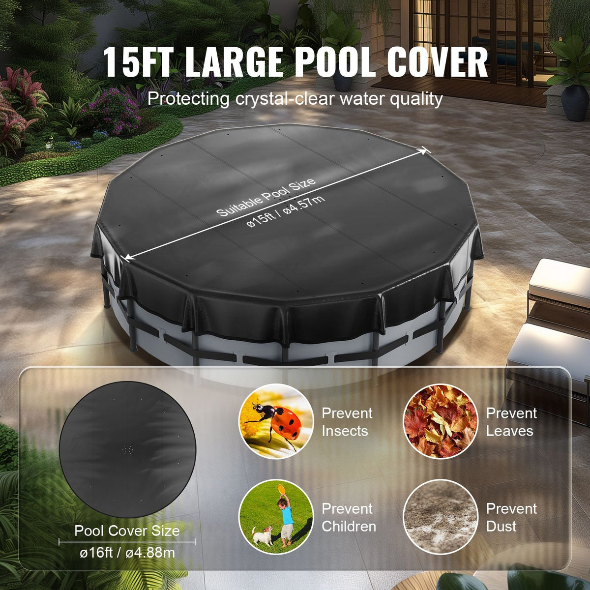 15 Ft Round Pool Cover, Solar Covers for Above Ground Pools, Safety Pool Cover with Drawstring Design, PVC Winter Pool Cover, Waterproof and Dustproof, Black