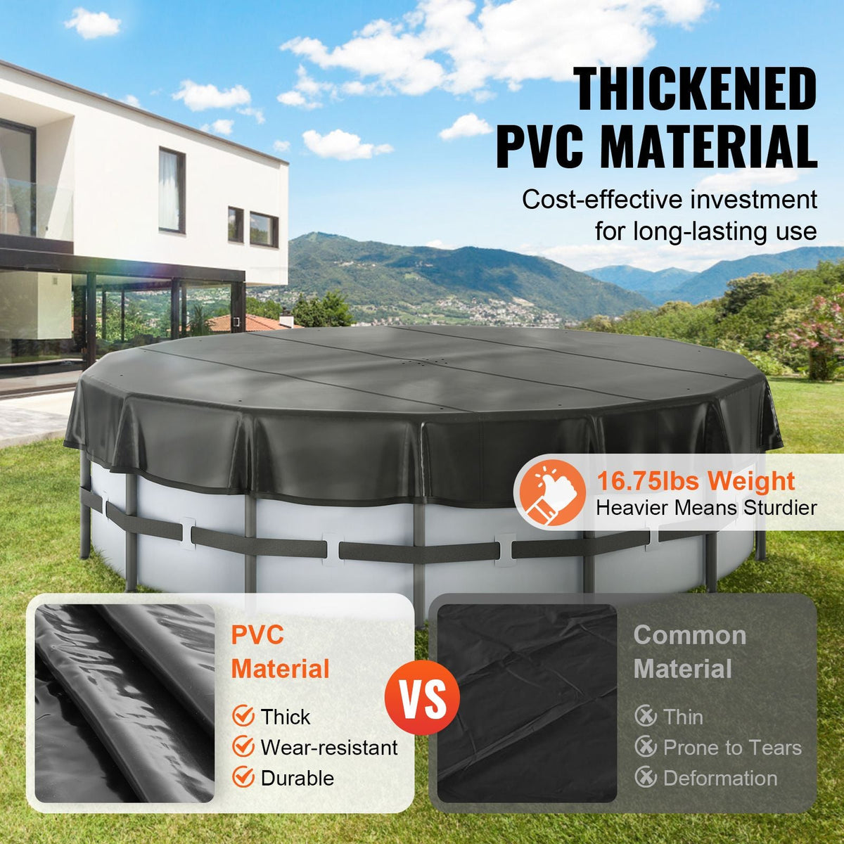 15 Ft Round Pool Cover, Solar Covers for Above Ground Pools, Safety Pool Cover with Drawstring Design, PVC Winter Pool Cover, Waterproof and Dustproof, Black
