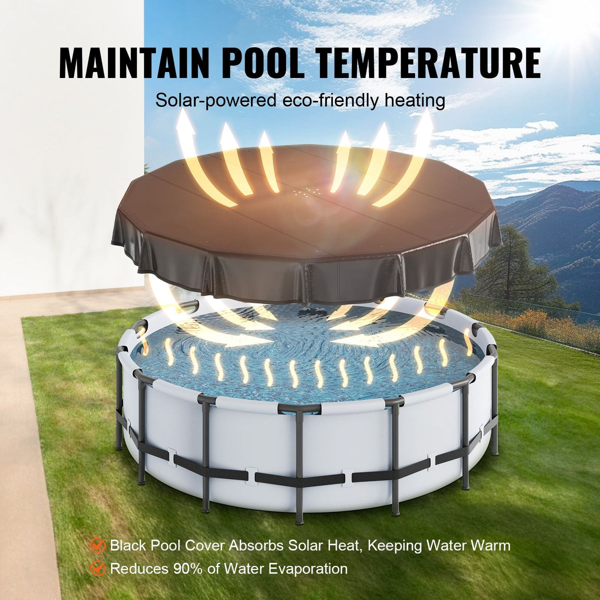 15 Ft Round Pool Cover, Solar Covers for Above Ground Pools, Safety Pool Cover with Drawstring Design, PVC Winter Pool Cover, Waterproof and Dustproof, Black