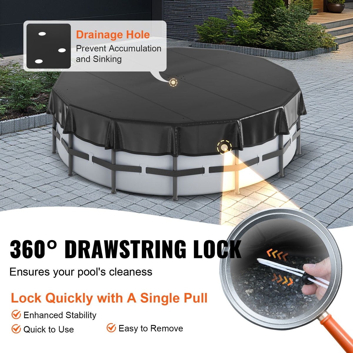 15 Ft Round Pool Cover, Solar Covers for Above Ground Pools, Safety Pool Cover with Drawstring Design, PVC Winter Pool Cover, Waterproof and Dustproof, Black