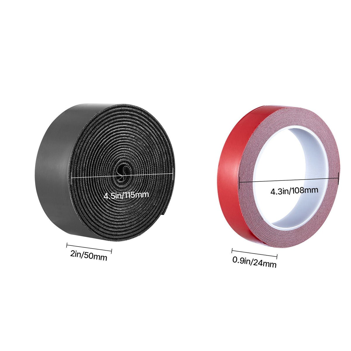 15 ft x 2 in Hook Loop Tape and 16.4 ft x 0.94 in Double-Side Strips, Nylon Self Adhesive Heavy Duty Strips Roll, Sticky Back Fastener Rolls for Home Office School and Crafting, Black + Red