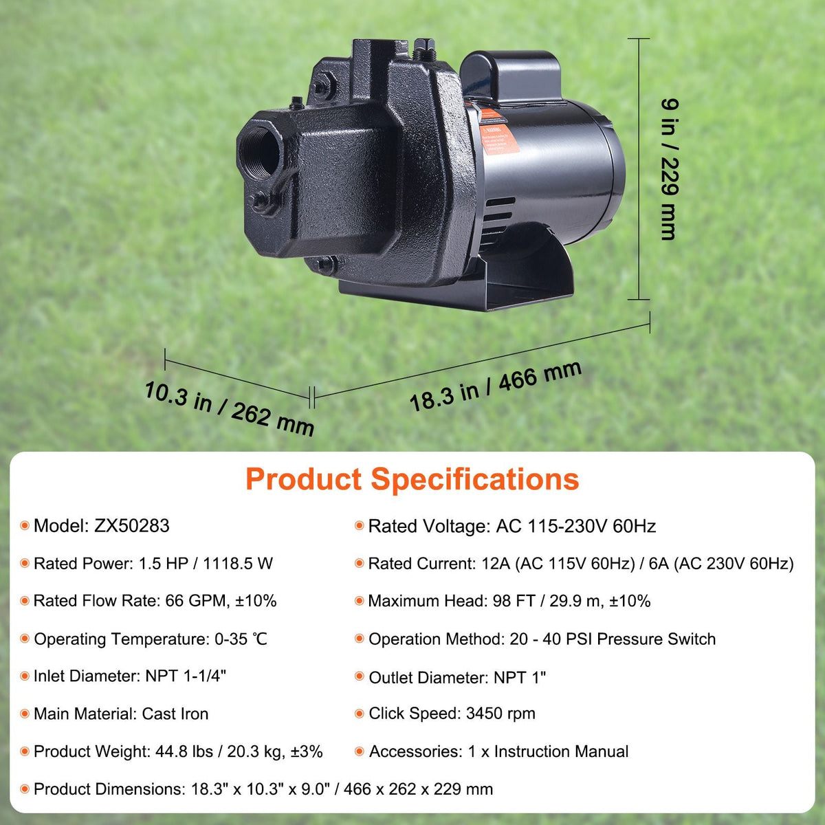 1.5 HP Cast Iron Sprinkler/Irrigation Pump, 115/230 Volt, 66 GPM 3450 RPM Shallow Well Jet Water Pump Booster, 1'' NPT Outlet 1-1/4'' NPT Inlet Lake Lawn Pump for Irrigation Sprinkler System