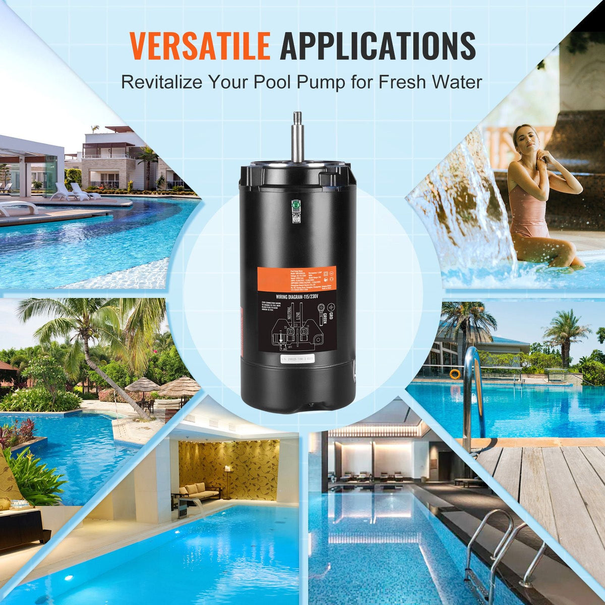 1.5 HP Pool Pump Motor, 56J Frame, 115V(13.6 Amps)/230V(6.8 Amps) 3450 RPM, 60Hz, 1.3 Service Factor, 90μF/250V Capacitor, CCW Rotation Round Flange Replacement Motor