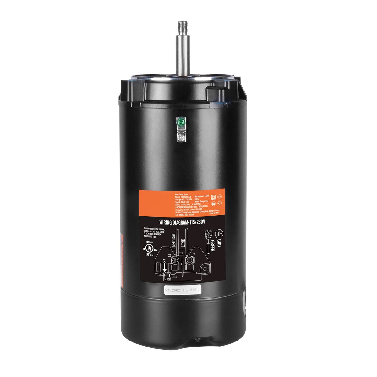 1.5 HP Pool Pump Motor, 56J Frame, 115V(13.6 Amps)/230V(6.8 Amps) 3450 RPM, 60Hz, 1.3 Service Factor, 90μF/250V Capacitor, CCW Rotation Round Flange Replacement Motor